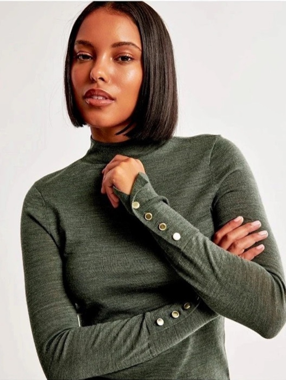 Abercrombie & Fitch Merino Wool Button Sleeve Mockneck Top, Small